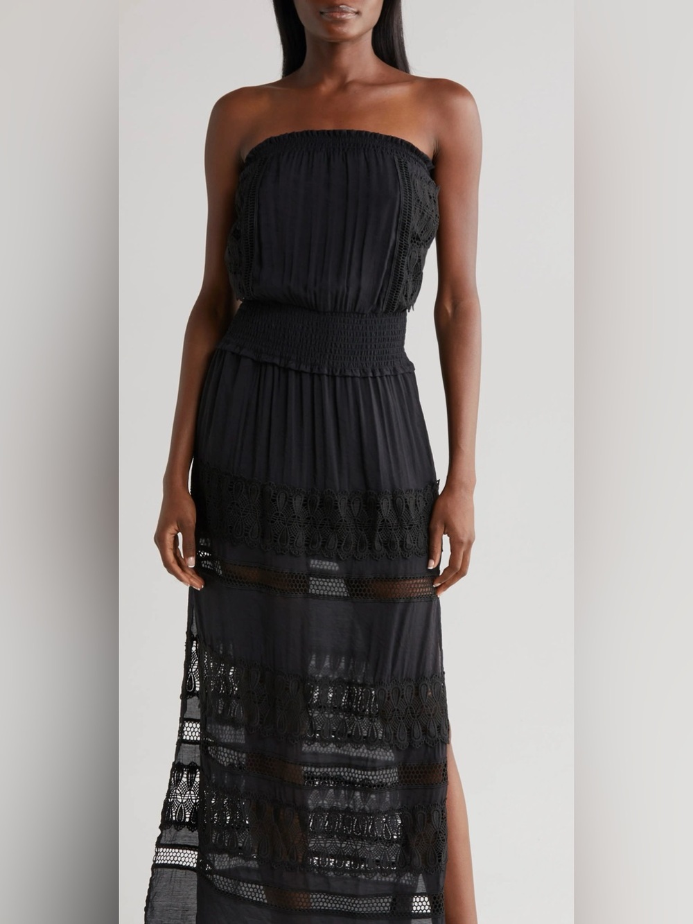 Elan Black Strapless Maxi with Crochet Insets